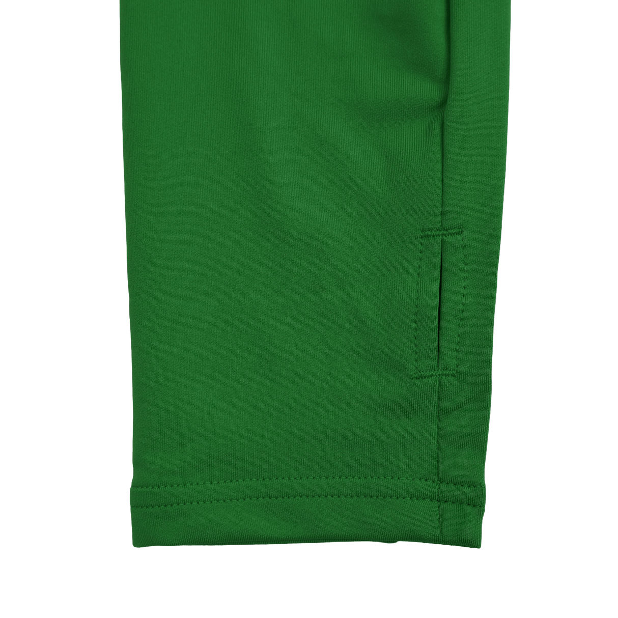 Close-up of the lower leg section on the green Harlequins 24/25 Matchday 1/4 Zip Midlayer by Castore, showing a stitched rectangular opening near the side seam.