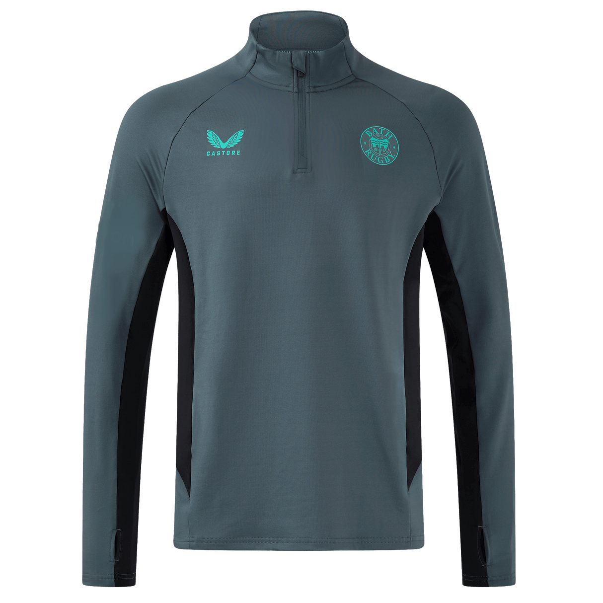 The Bath 24/25 Pro Players 1/4 Zip Midlayer by Castore is a gray, moisture-wicking pullover with black side panels and teal chest logos, shown on a plain white background.