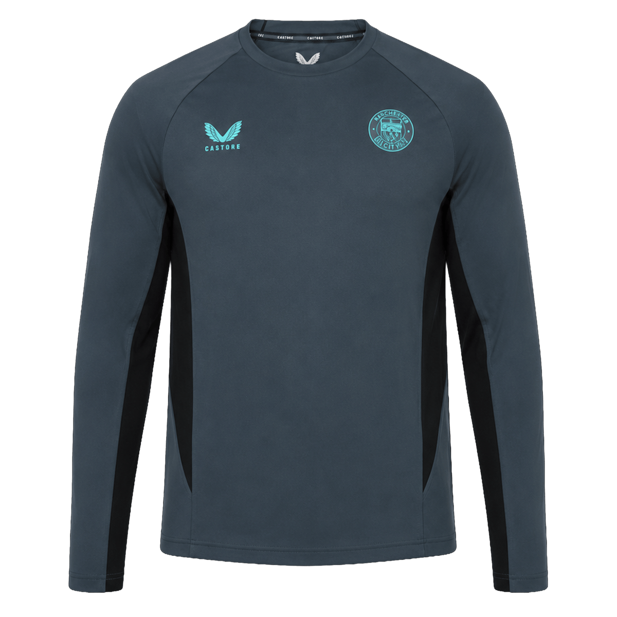 The Bath 24/25 Pro Players Long Sleeve Tee by Castore features a dark grey design with a light blue Castore logo, Bath Rugby club badge, and black side panels—a perfect long sleeve tee for fans and athletes.