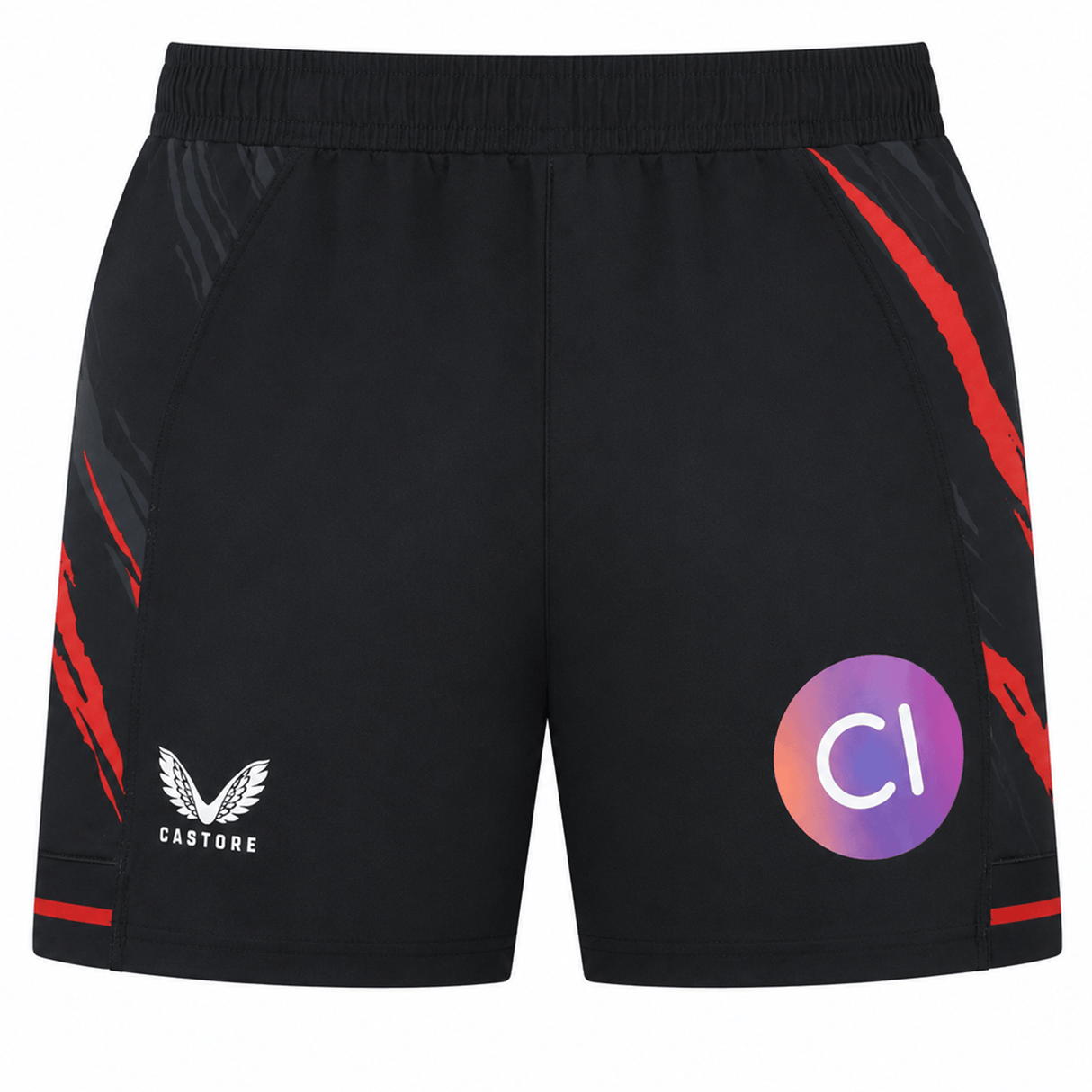 Saracens 23/24 Pro Home Shorts by Castore feature red diagonal streaks, a white Castore logo on the left leg, and a round purple CI logo on the right—ideal performance shorts for any athlete.