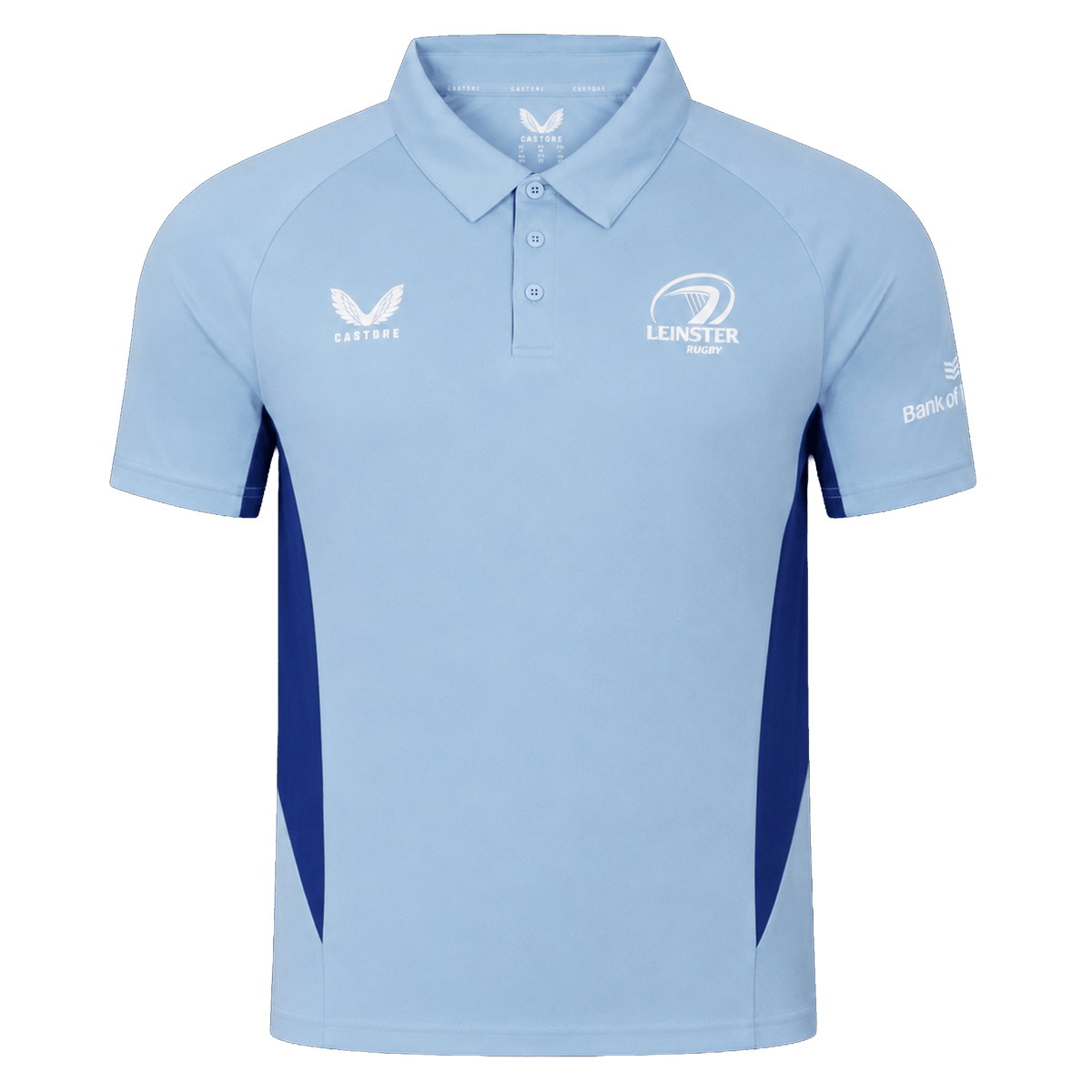 The Castore Leinster 24/25 Pro Players Media Polo features a light blue design with dark blue side panels, three-button placket, and sponsor logos on the chest and sleeve.