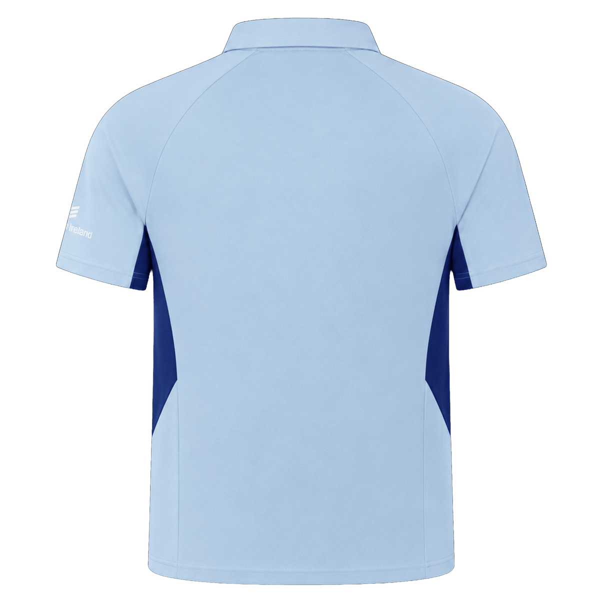 The Castore Leinster 24/25 Pro Players Media Polo features light blue short sleeves and dark blue side panels, shown from the back.