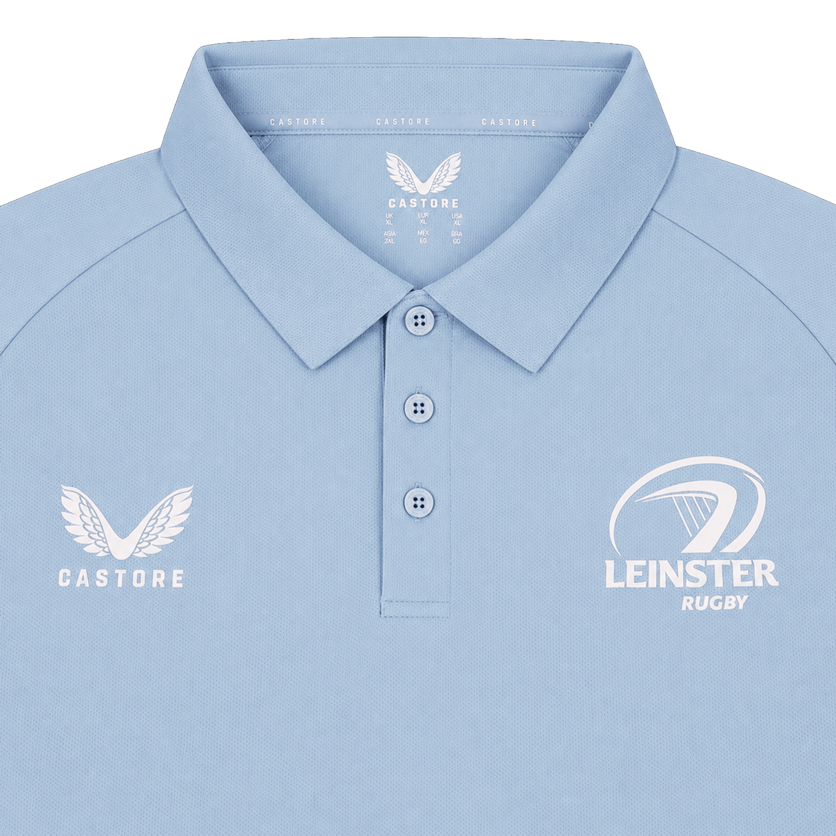The Leinster 24/25 Pro Players Media Polo by Castore features moisture-wicking performance and white Castore and Leinster Rugby logos on the chest.