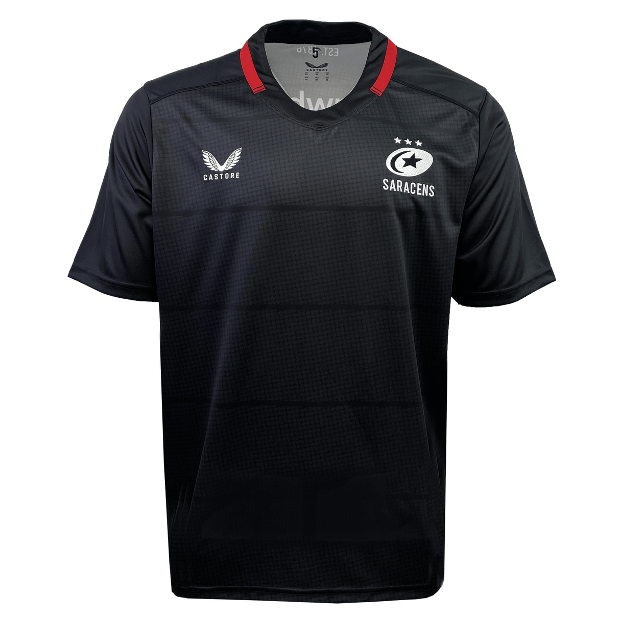 The Saracens 24/25 Replica Home Jersey by Castore features black short sleeves, a red collar, the Castore logo on the right chest, and a three-star Saracens badge on the left—a must-have classic for rugby fans.