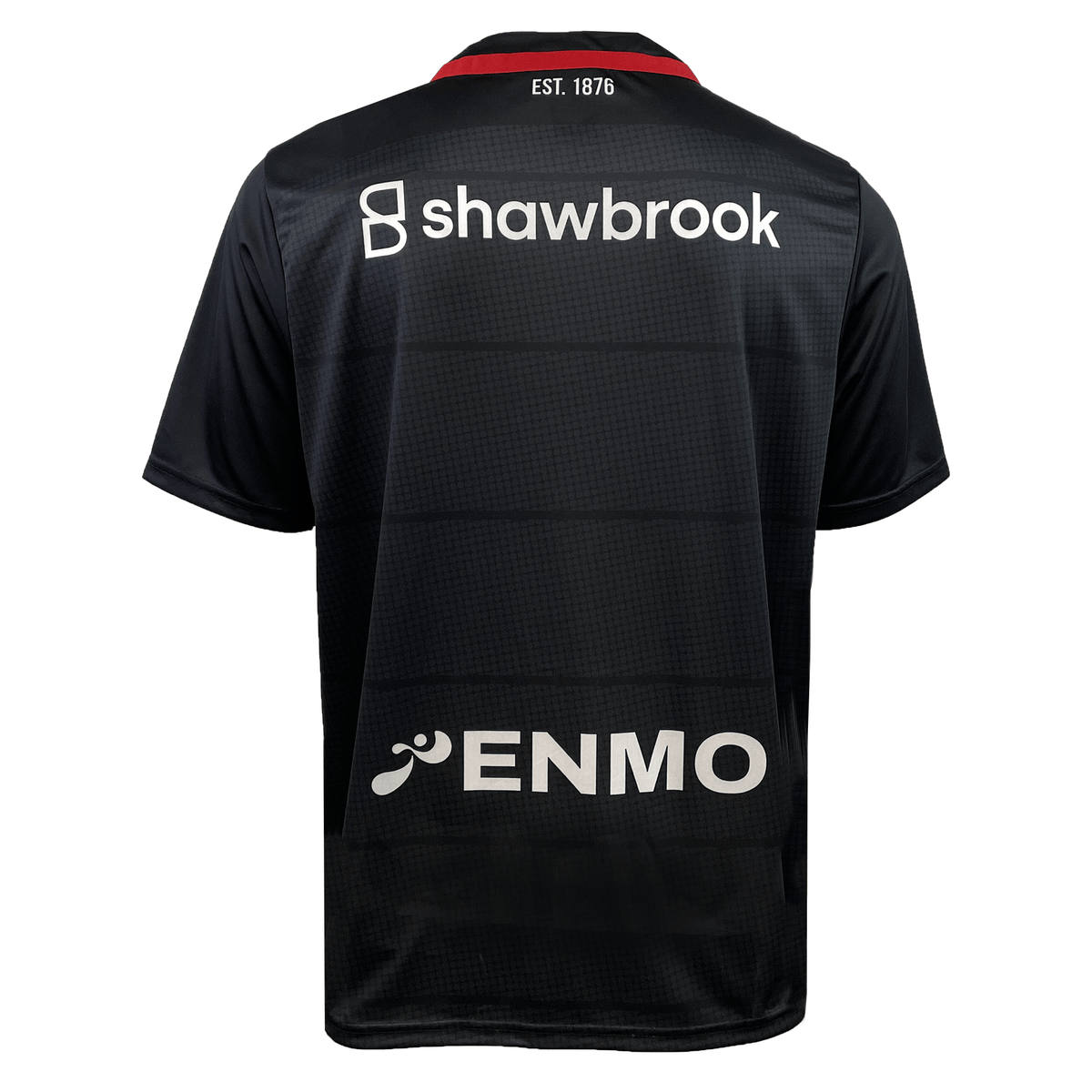 Back of the Saracens 24/25 Replica Home Jersey by Castore in black, with white "shawbrook" and "ENMO" logos, plus "EST. 1876" at the collar—a genuine Castore piece.