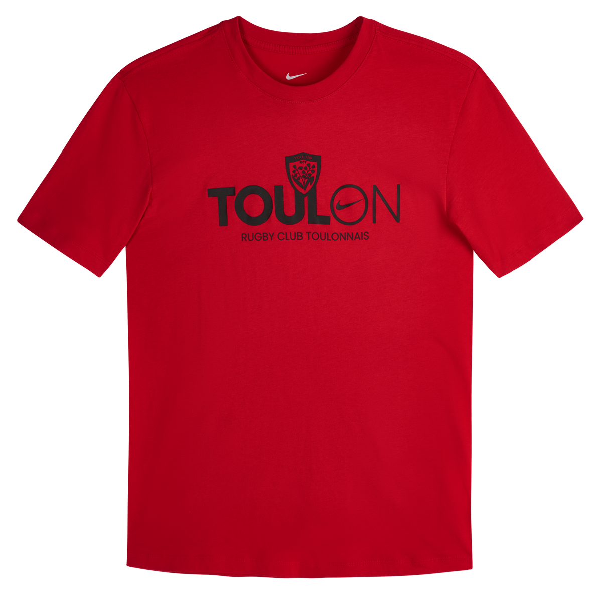 The Nike RC Toulon 25/26 Graphic Text T-Shirt features a red short-sleeve design with "TOULON" and "RUGBY CLUB TOULONNAIS" in black, plus the Nike logo and shield above the text. Official supporter apparel.