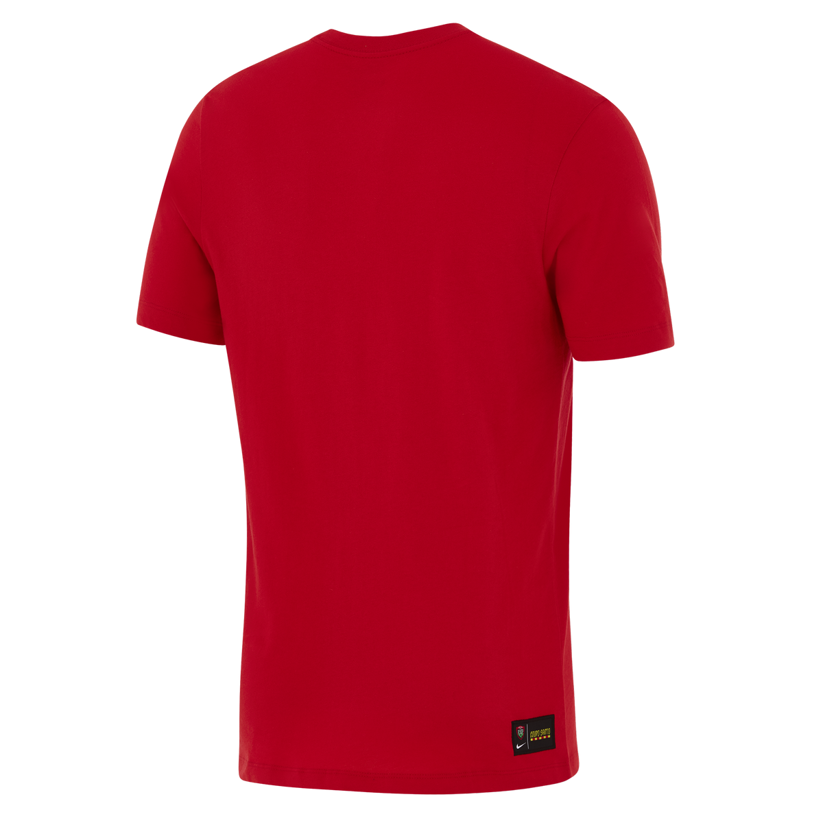The RC Toulon 25/26 Graphic Text T-Shirt by Nike is a plain red short-sleeve tee viewed from the back, with a small black rectangular label near the lower right hem.