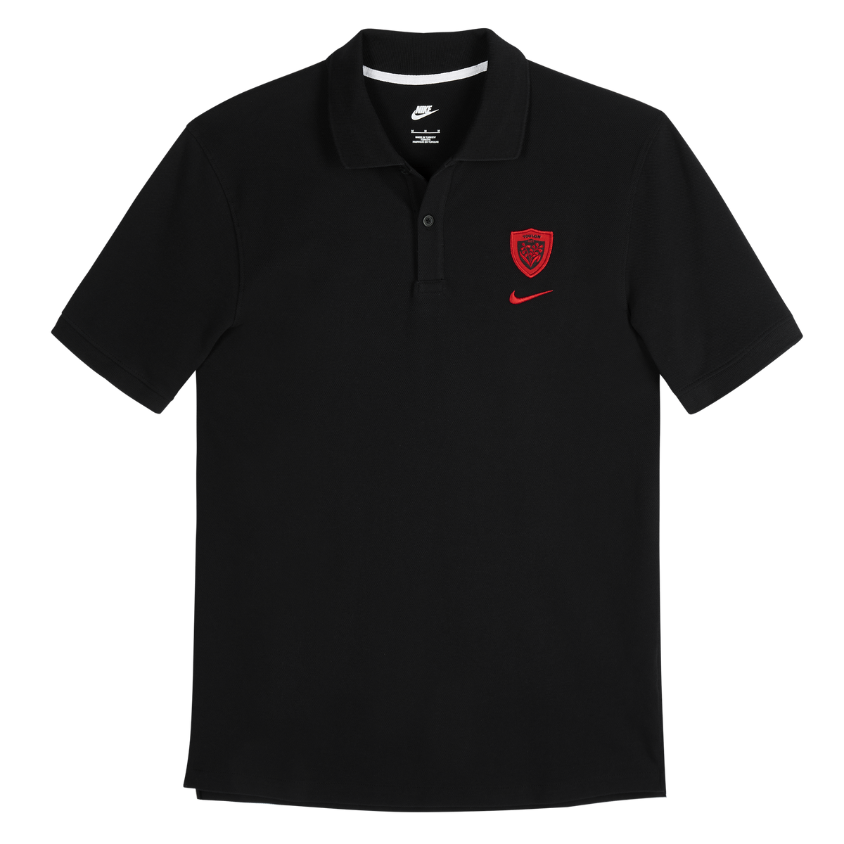 The RC Toulon 25/26 Pique Polo by Nike is a black polo shirt with a red embroidered RC Toulon crest and a red Nike swoosh on the left chest.