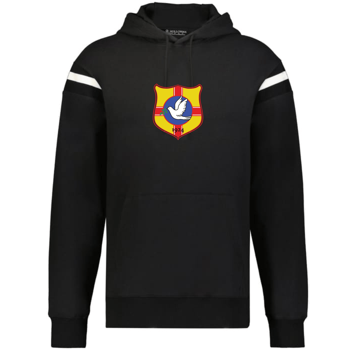 The WRS Augusta Tonga Heritage Prep Vintage Shield Hoodie is black with white sleeve stripes and features a colorful crest with a bird and "1944" on the chest.