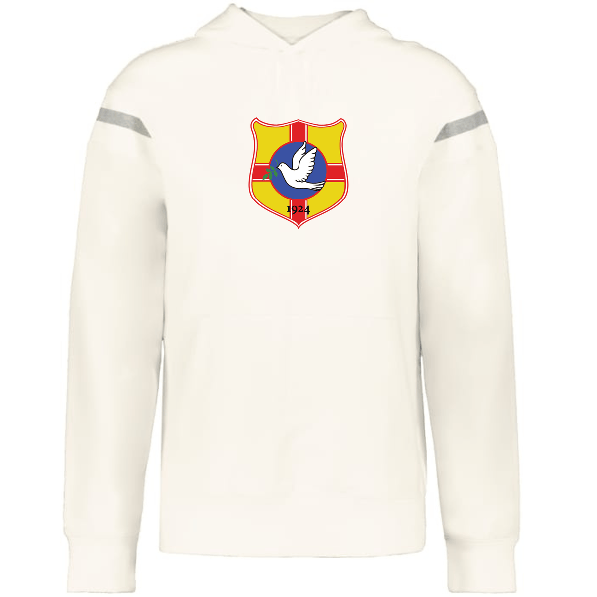 The Tonga Heritage Prep Vintage Shield Hoodie by WRS Augusta is a white hoodie featuring a colorful vintage shield with a bird and "1924" on the front—a classic must-have for rugby style.