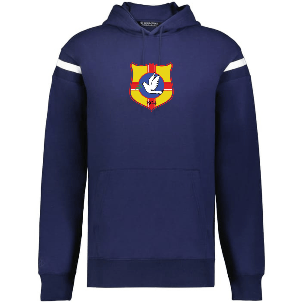 The WRS Augusta Tonga Heritage Prep Vintage Shield Hoodie is navy blue with white sleeve stripes and a colorful chest crest featuring a dove and "1924," giving it a classic vintage vibe.