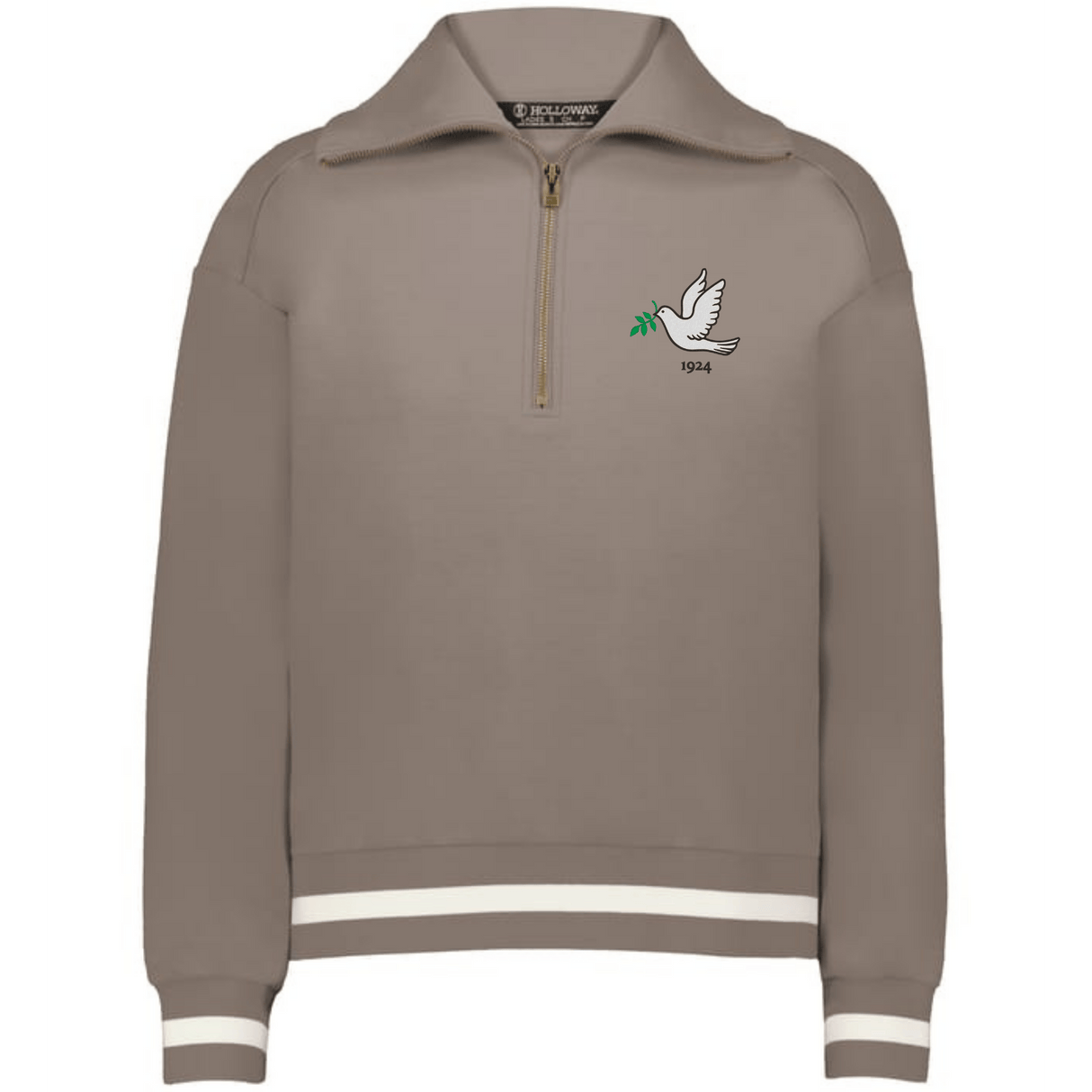 The EMB Augusta Women's Vintage Tonga Heritage Prep Pullover features a light brown color, white striped cuffs and hem, a quarter-zip, and an embroidered dove with olive branch and "1924" on the left chest—a classic prep style.
