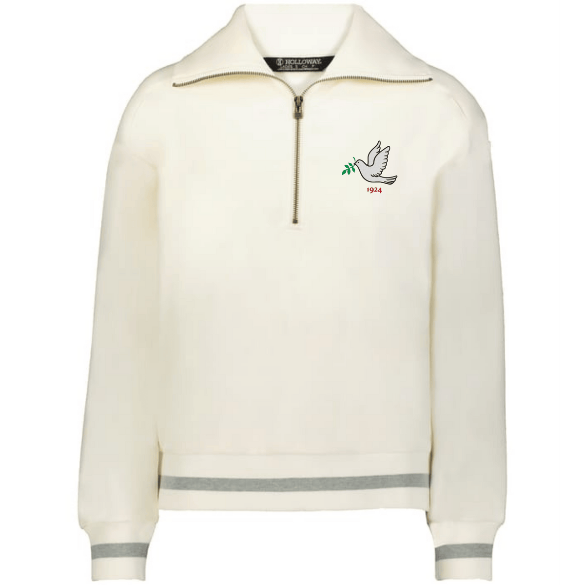 The EMB Augusta Women's Vintage Tonga Heritage Prep Pullover is a cream zip-up sweater featuring a dove with an olive branch and "1944" embroidered on the left chest.