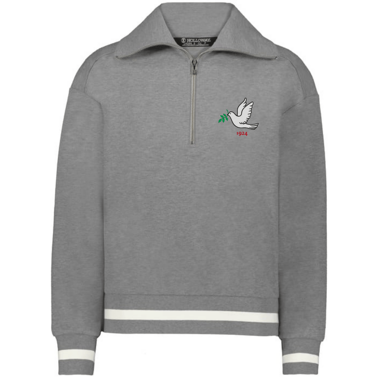 The Women's Vintage Tonga Heritage Prep Pullover by EMB Augusta is a gray quarter-zip with white cuff and hem stripes, featuring a dove with an olive branch and "1924" embroidered on the left chest.