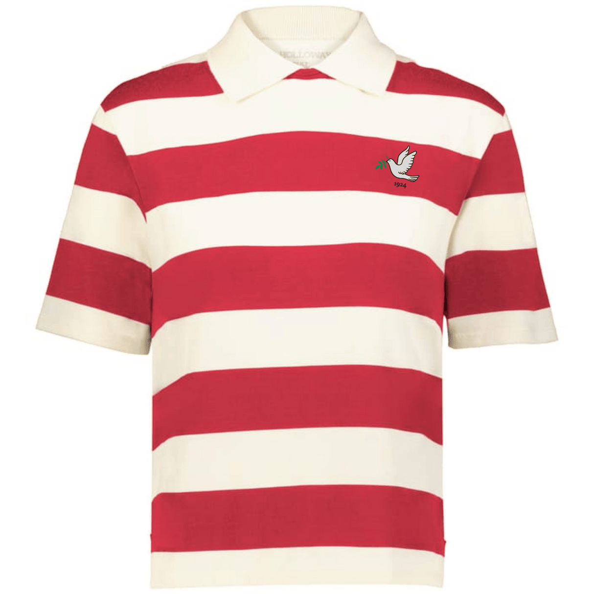The Women's Vintage Tonga Prep Street Rugby Crop by EMB Augusta is a short-sleeve polo with bold red and white stripes and a small embroidered dove with an olive branch on the left chest, inspired by the Tonga rugby shirt.