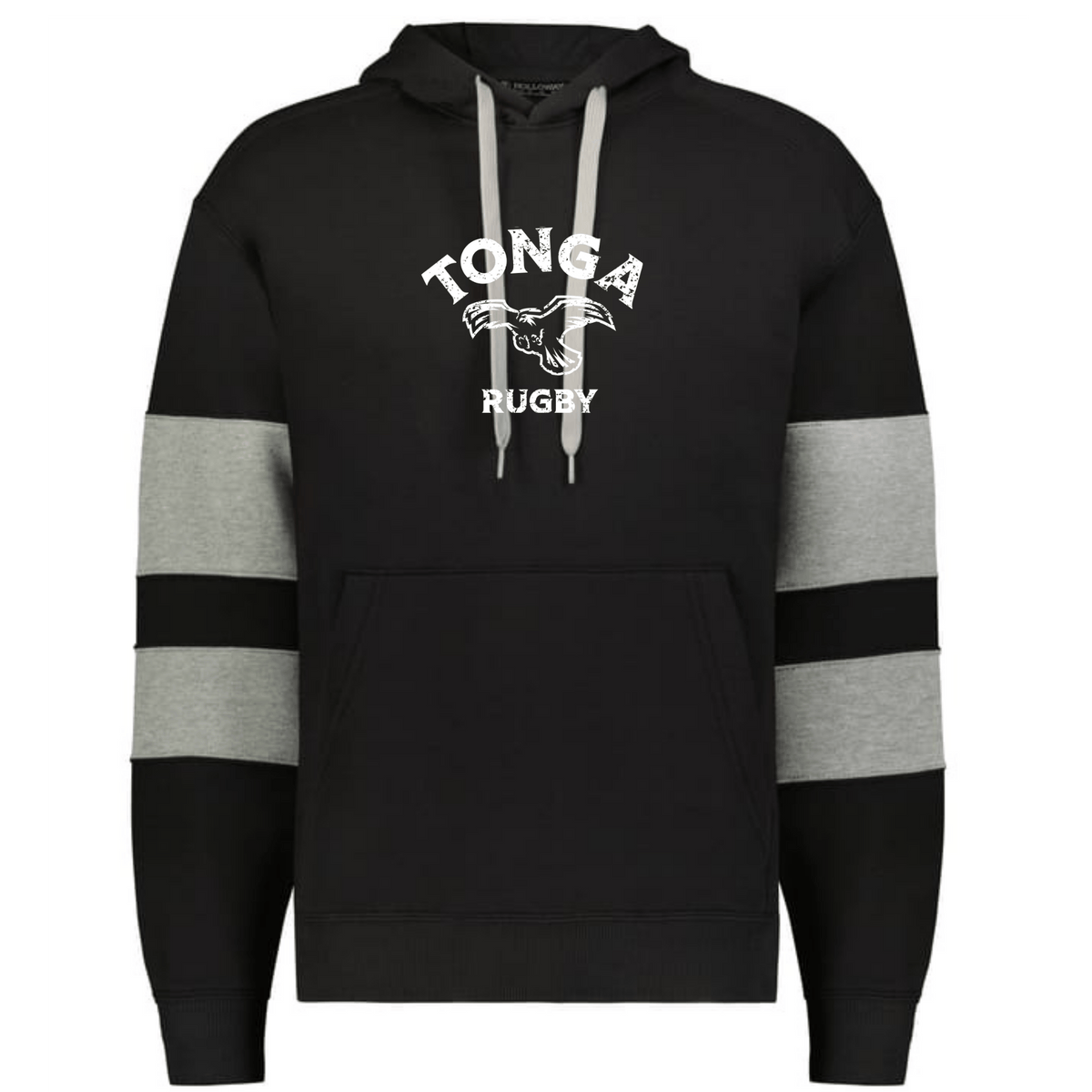 The WRS Augusta Nations of Rugby Tonga Jackson Way Hoodie is a black rugby hoodie with gray sleeve stripes, white drawstrings, and a bold “Tonga Rugby” logo plus a striking panther graphic on the chest.