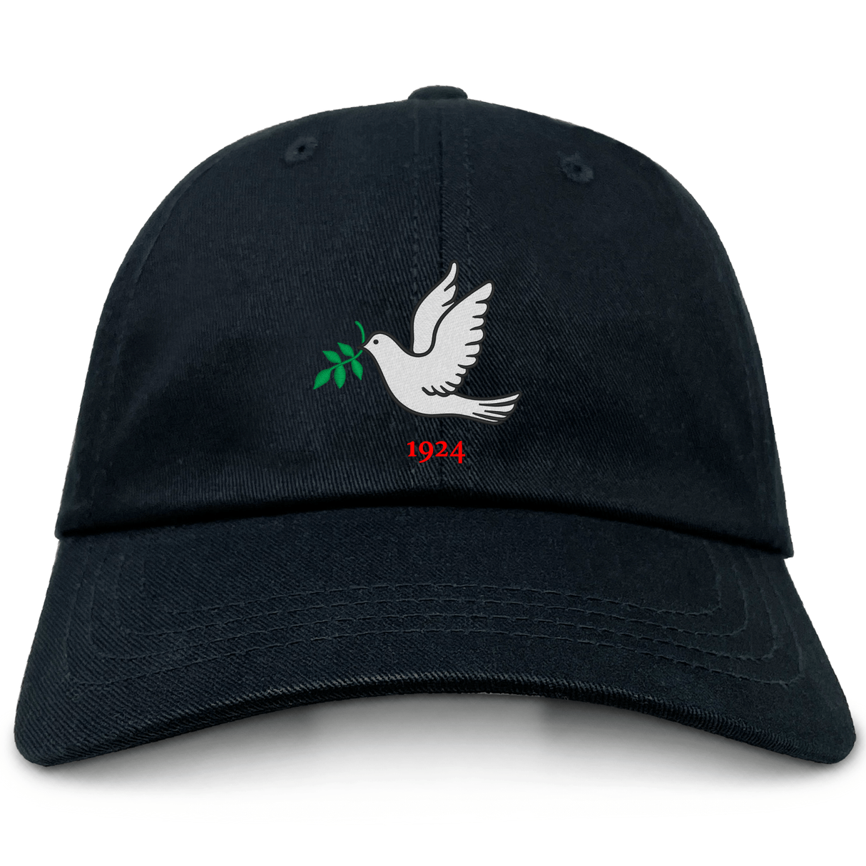 The Nations of Rugby Tonga Vintage Dad Cap by EMB S&S Activewear features a black vintage style with an embroidered white dove holding a green olive branch and "1924" in red—timeless headwear for every rugby nation fan.