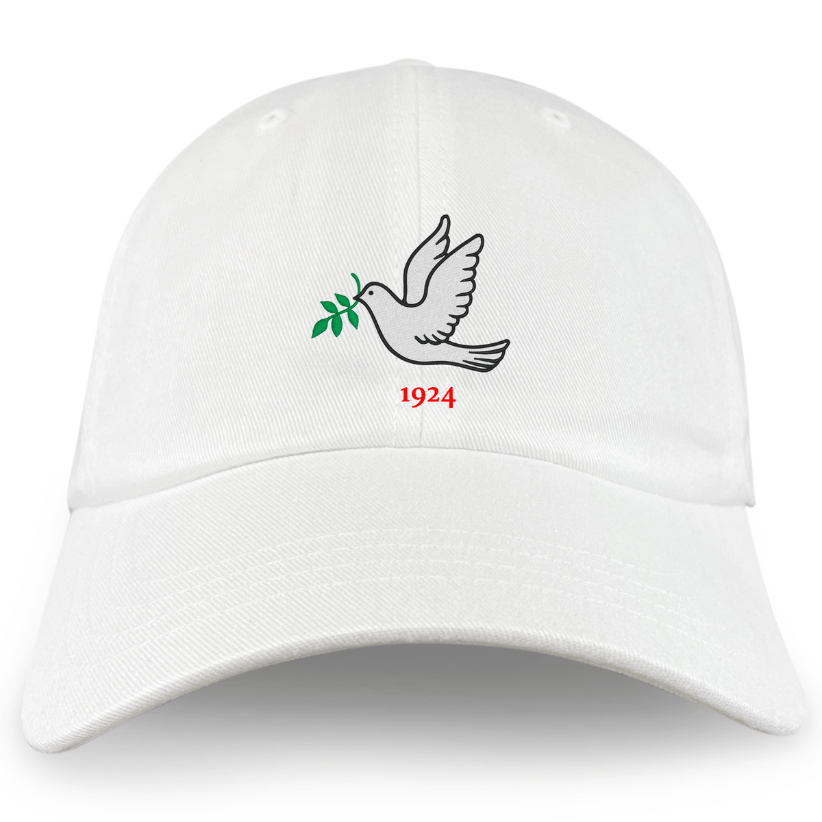 The Nations of Rugby Tonga Vintage Dad Cap by EMB S&S Activewear is a white dad cap with an embroidered black dove holding green leaves and "1924" in red. Perfect for rugby nation fans.