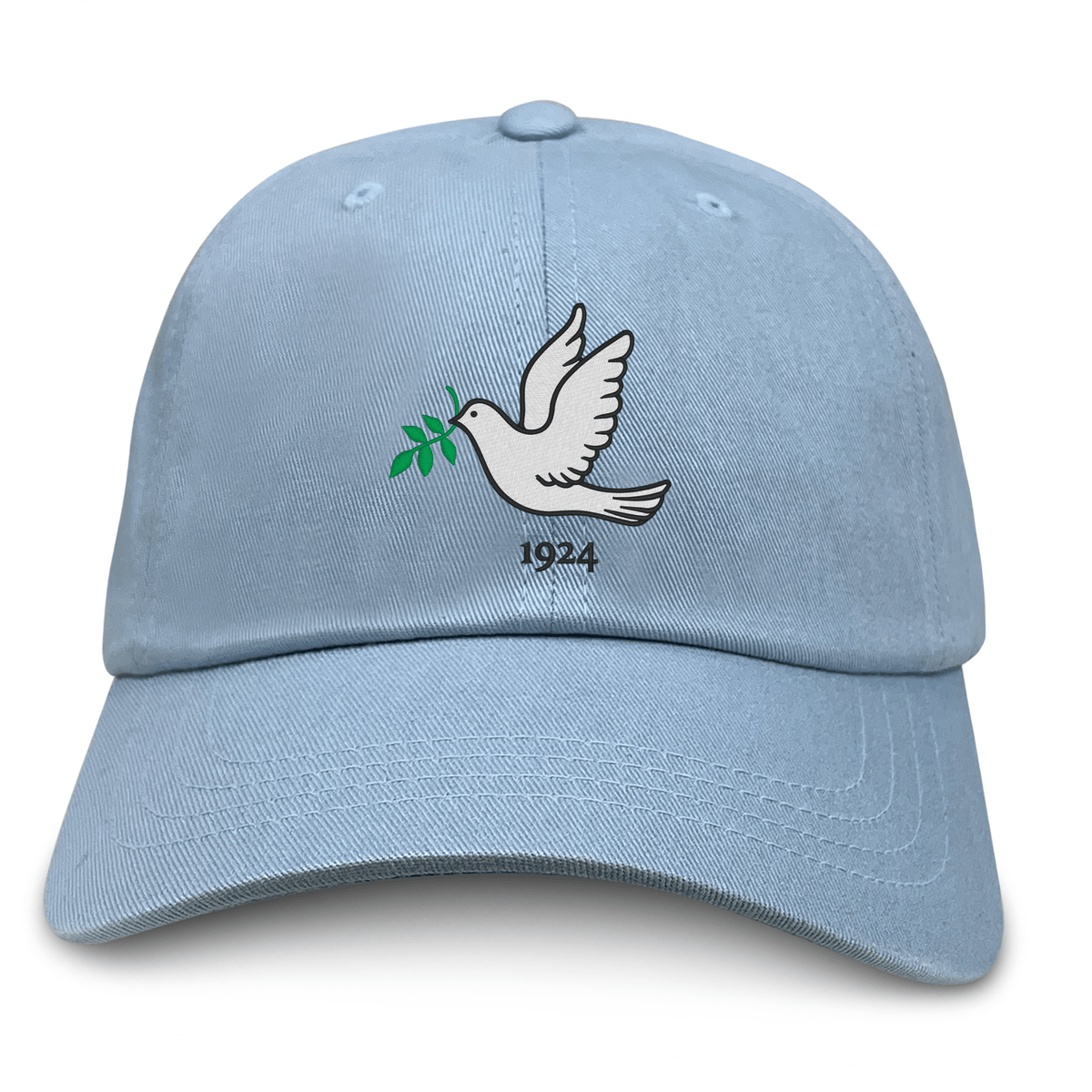 The Nations of Rugby Tonga Vintage Dad Cap by EMB S&S Activewear is a light blue vintage dad cap with an embroidered white dove holding an olive branch and "1924" on the front.