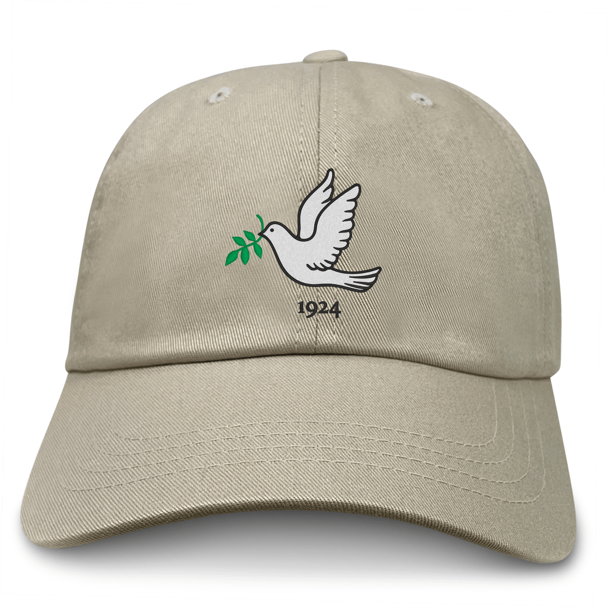 The EMB S&S Activewear Nations of Rugby Tonga Vintage Dad Cap features an embroidered white dove holding a green olive branch, with "1924" stitched below the motif on the beige front.