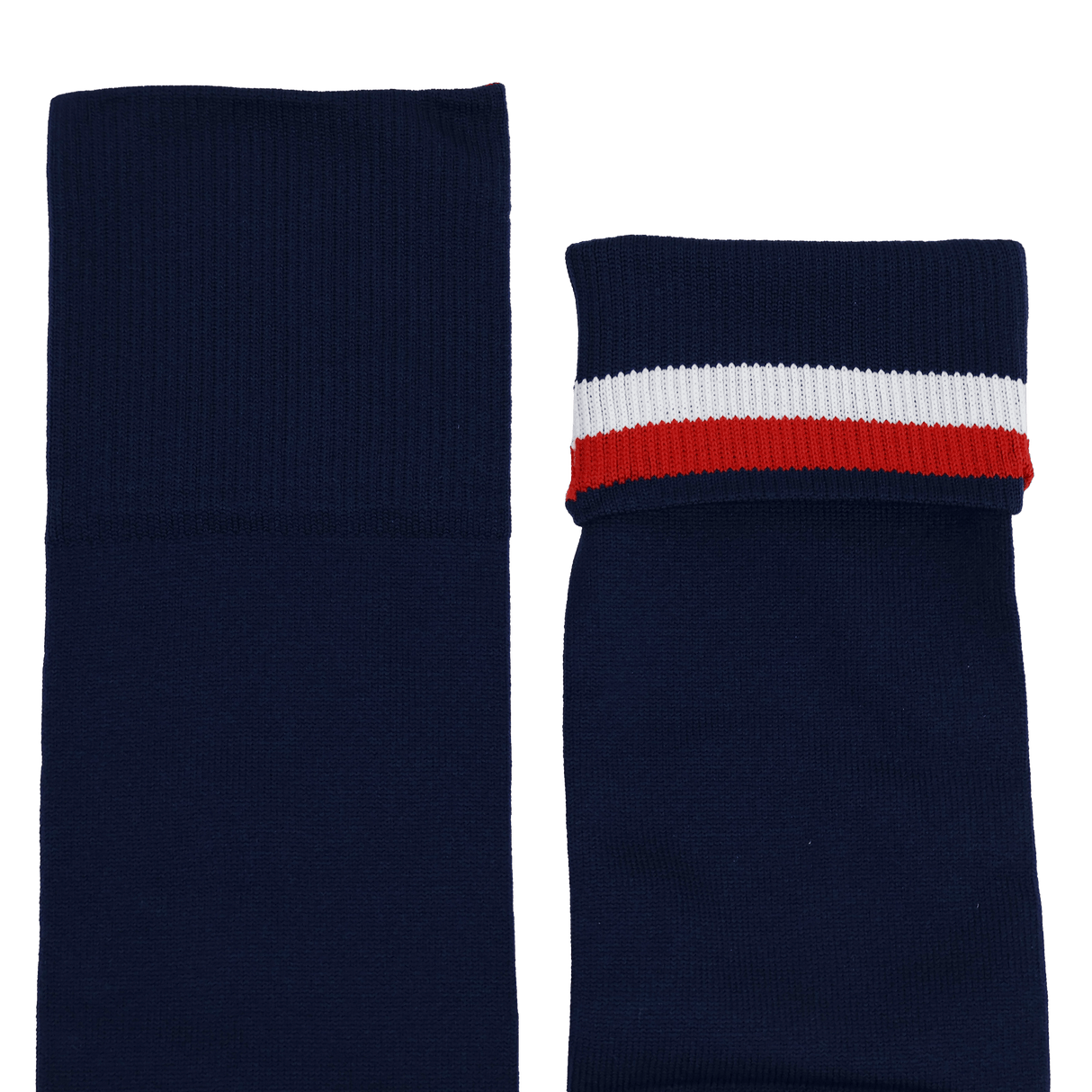 The USA Rugby 22/23 Home Socks by Castore feature a pair of navy blue socks: one with plain ribbing and the other folded down showing the white and red stripes-comfortable & stylish.