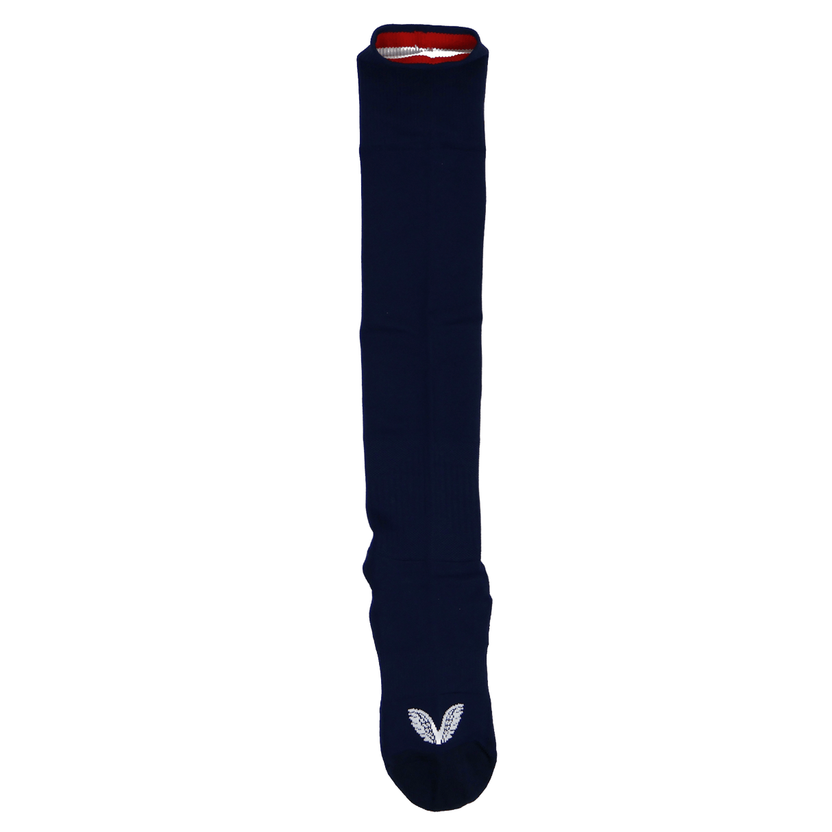 The USA Rugby 22/23 Home Sock by Castore is a long navy sock with a white winged logo near the toe—ideal for USA Rugby fans or for relaxing at home.
