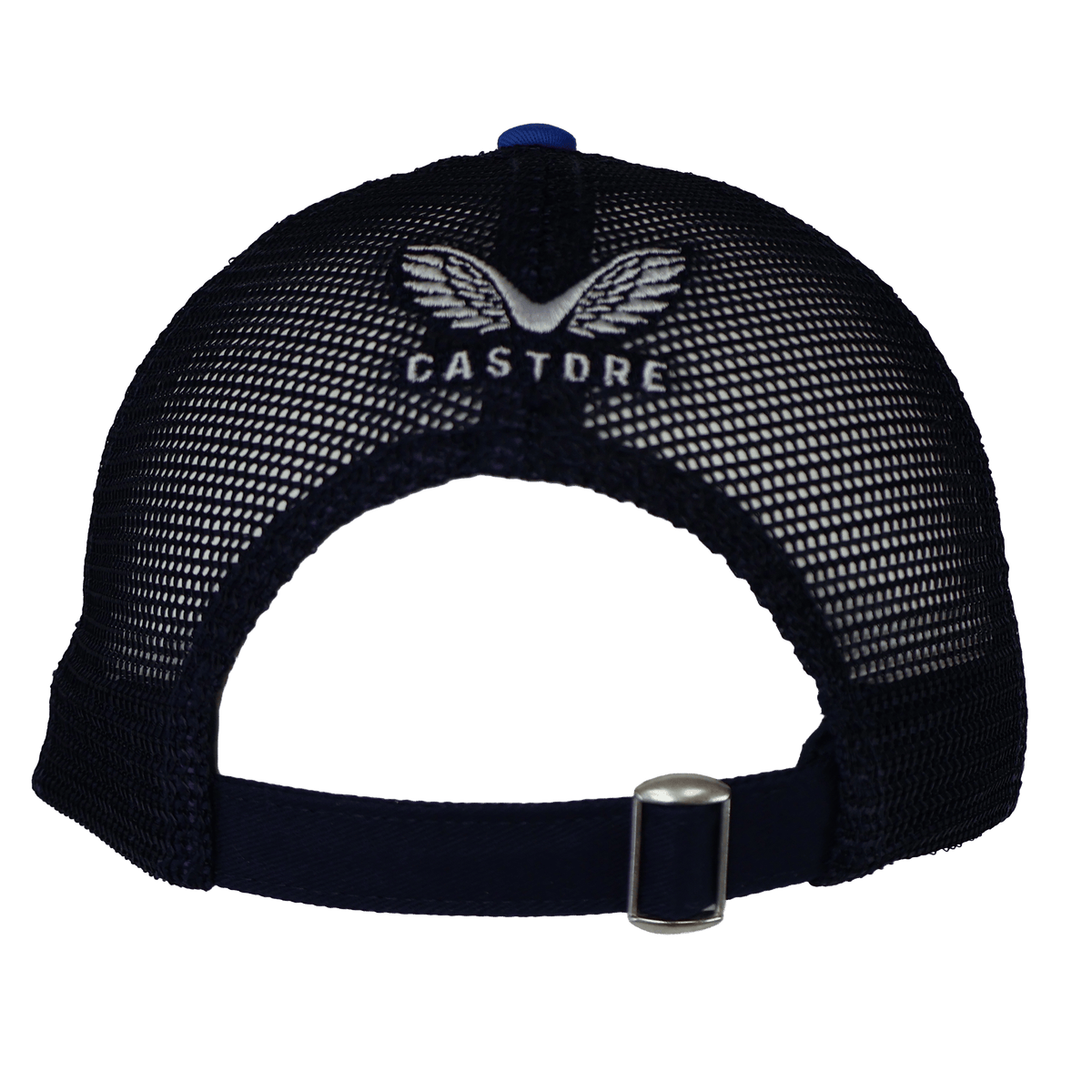 Rear view of the Leinster 24/25 Adjustable Cap by Castore, featuring black mesh, an adjustable strap, and "Castore" embroidery above the opening—ideal for Leinster Rugby fans.
