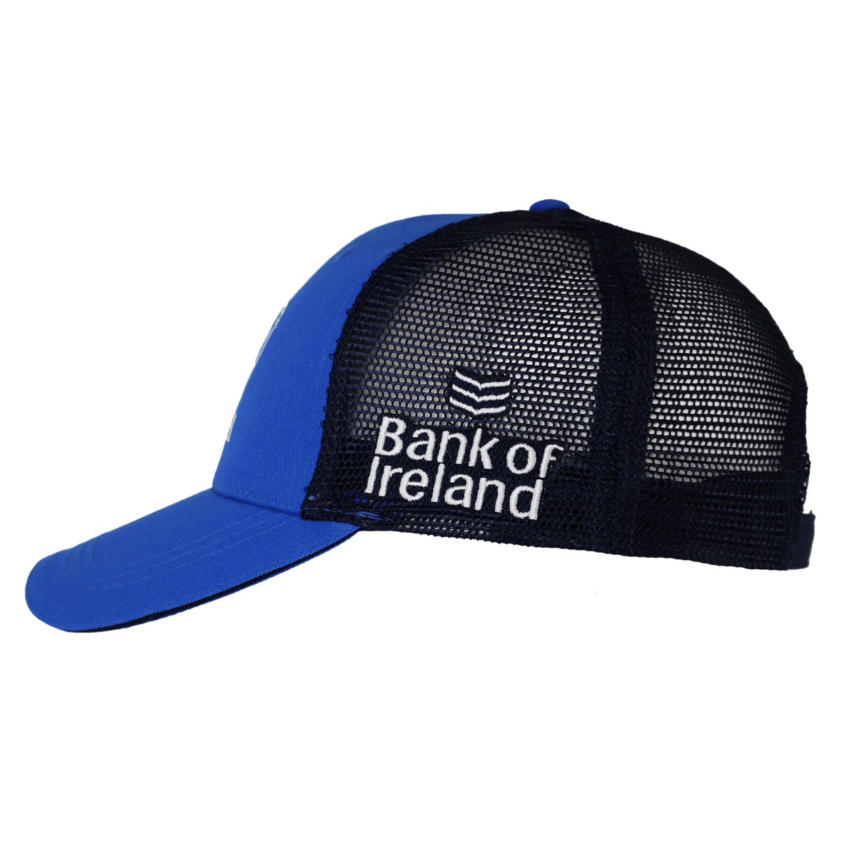 The Leinster 24/25 Adjustable Cap by Castore is a blue and black mesh trucker hat featuring "Bank of Ireland" and logo embroidery on the side, making it the perfect official fan cap.