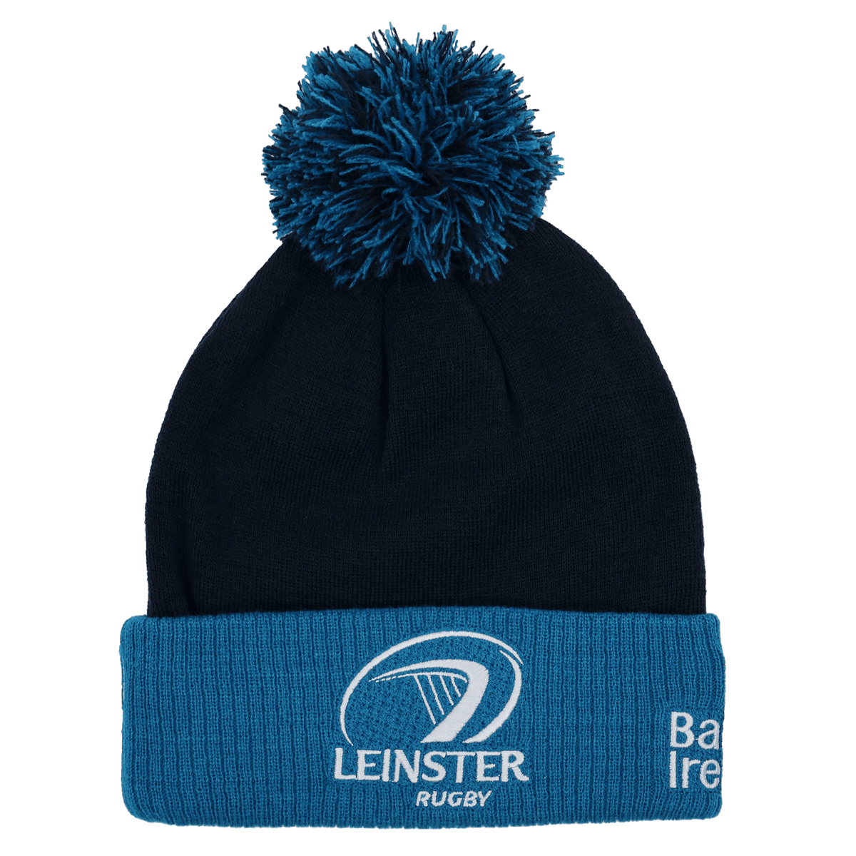 Stay warm in supporter style with the Leinster 24/25 Bobble Beanie by Castore—a navy knit hat with blue cuff and pom-pom, featuring the Leinster Rugby logo and "Bank of Ireland" embroidered on the front.