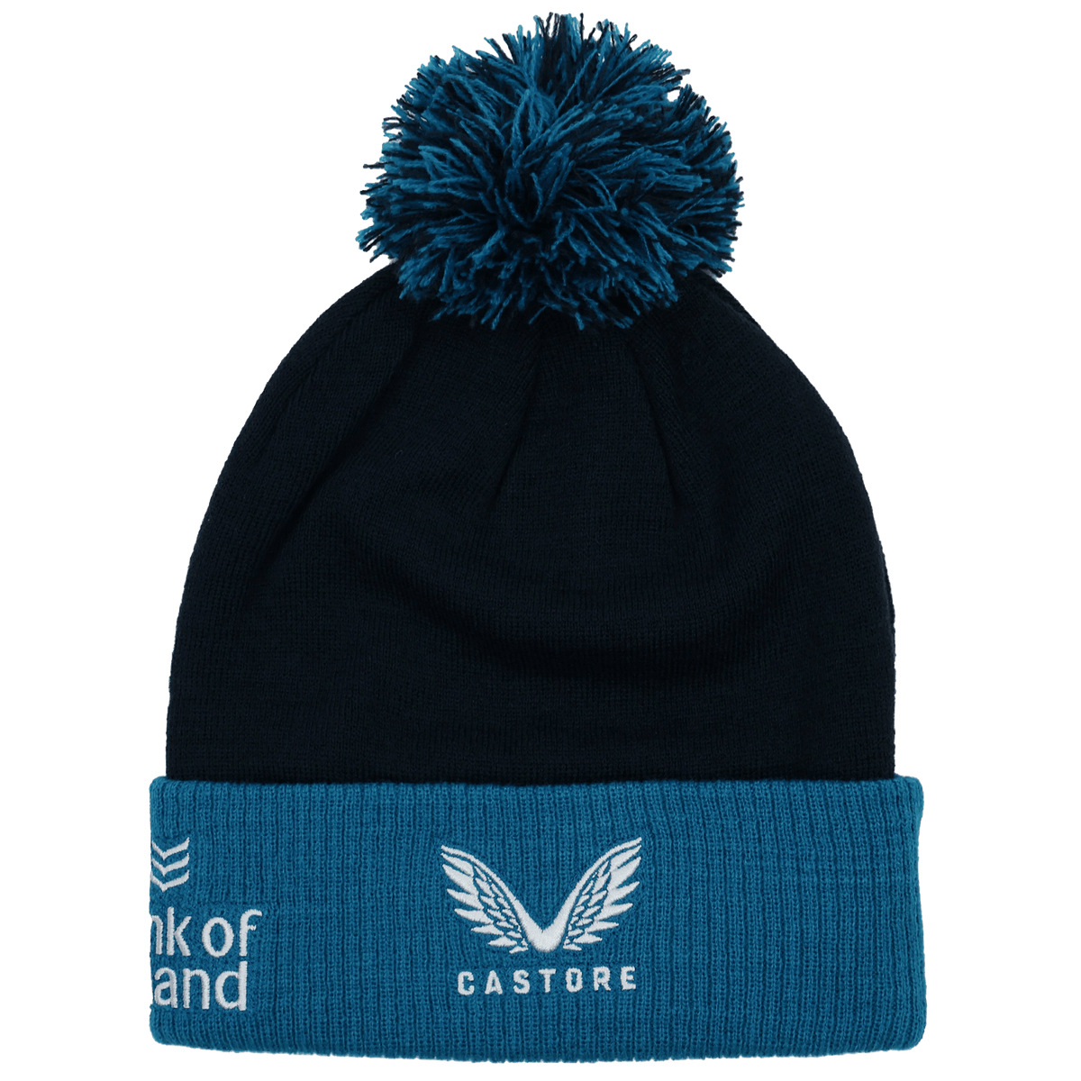 The Leinster 24/25 Bobble Beanie by Castore is a navy blue and teal knit hat with a pom-pom, featuring the Castore logo and "Bank of..." text on the cuff—a perfect beanie for rugby fans.