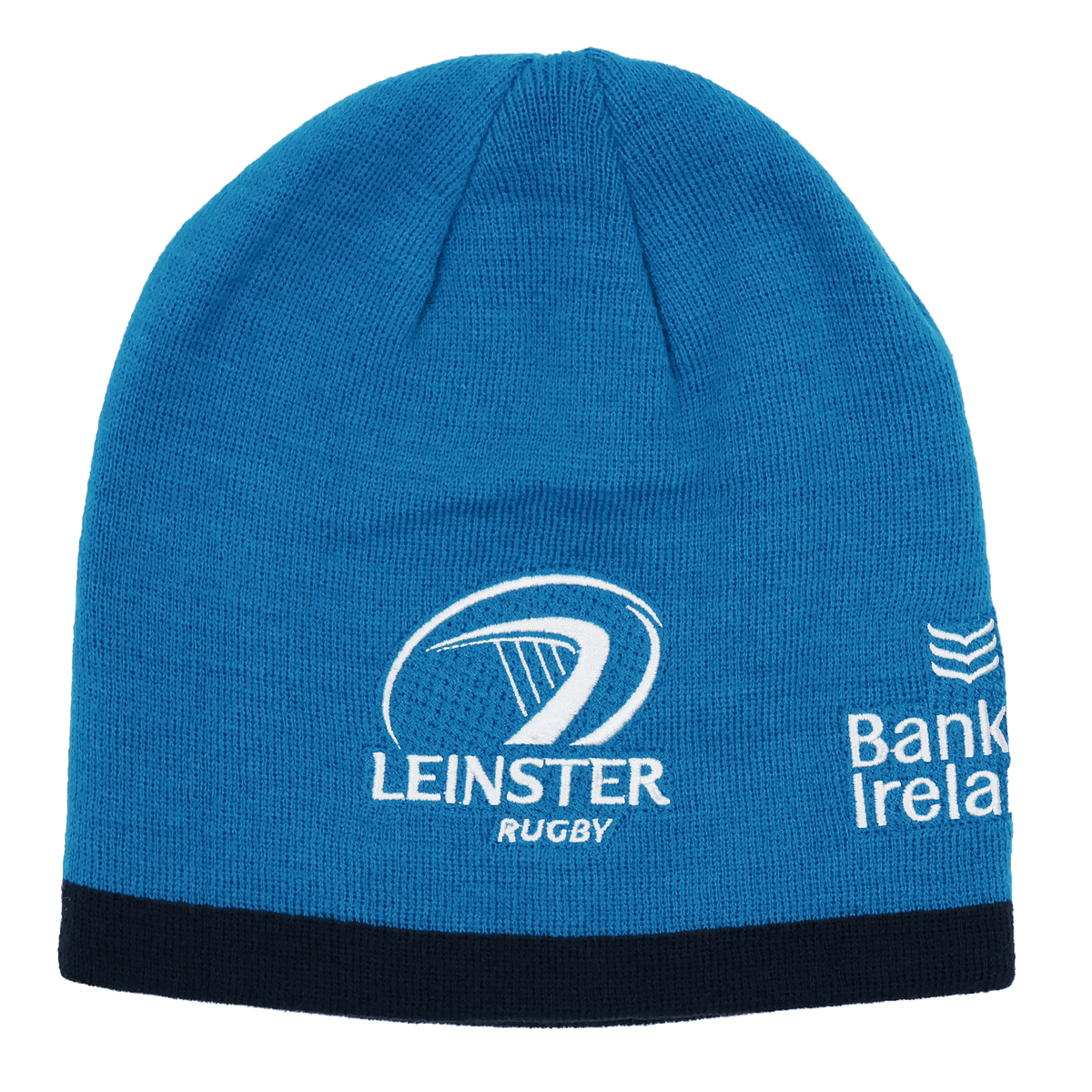 The Leinster 24/25 Beanie by Castore is a blue hat featuring the rugby team's logo, a detail from the Bank of Ireland logo, and a black bottom band—an ideal accessory for Leinster rugby fans.