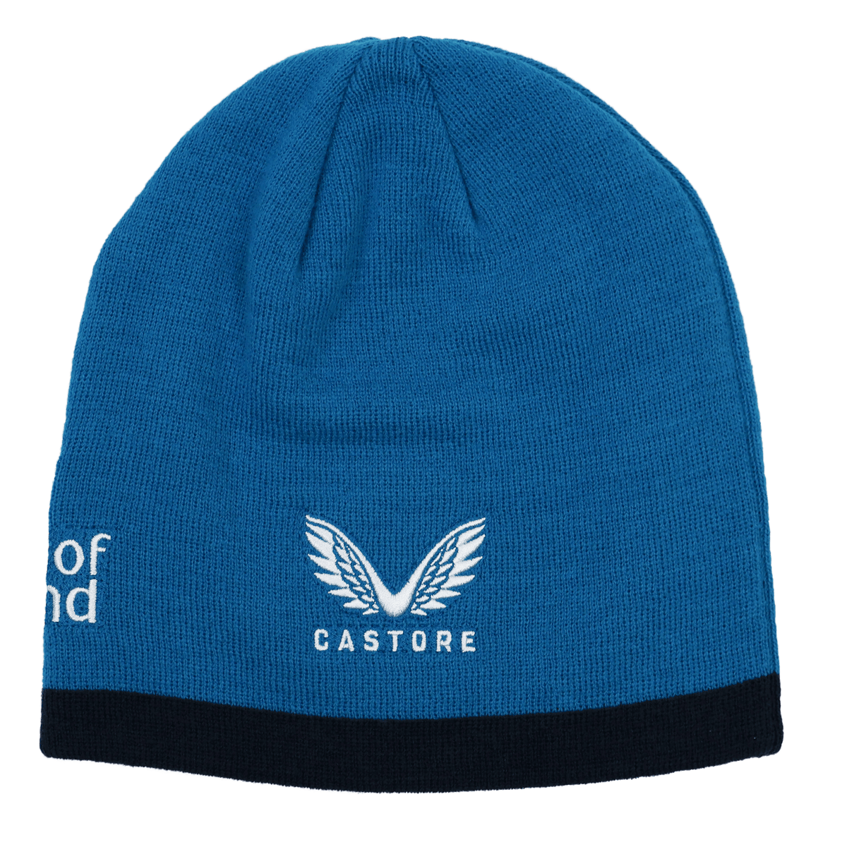 The Leinster 24/25 Beanie by Castore is a blue beanie with a black trim, featuring the Castore logo and text embroidered in white on the front.