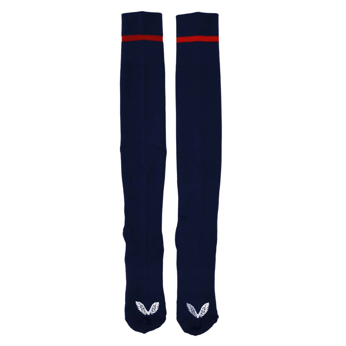 The USA Rugby 24/25 Home Socks by Castore are navy blue knee-highs with a red top stripe and white wing logos on the toes—ideal for Eagles fans, shown on a plain background.
