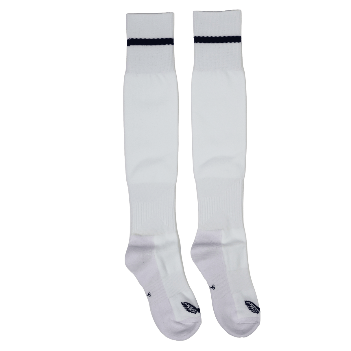 The USA Rugby 24/25 Away Socks by Castore are long, white rugby socks featuring a single dark stripe near the top, shown laid flat on a white background.