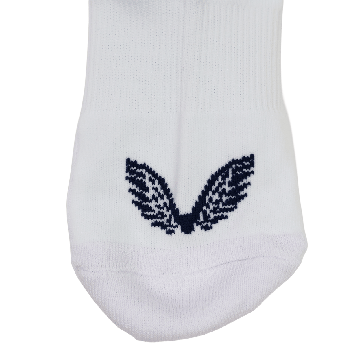 Close-up of the USA Rugby 24/25 Away Socks by Castore, featuring a white design with a dark blue embroidered wing detail on the lower part.