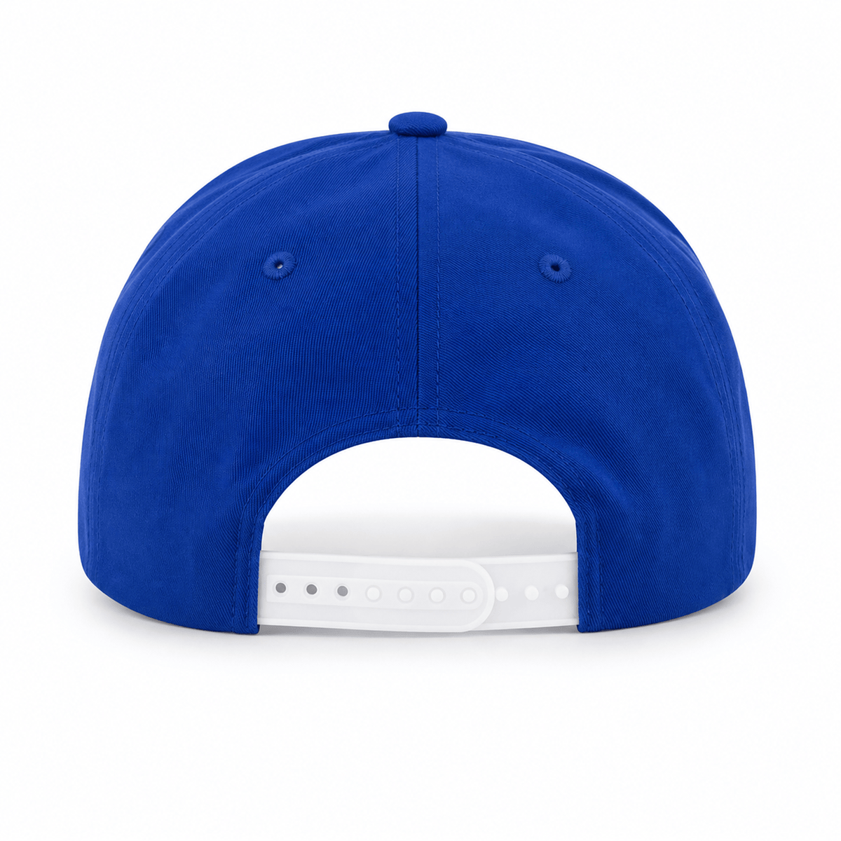 The image displays the back view of the Leinster 24/25 Snap Back Cotton Twill Cap by Castore, a blue cap with a white adjustable snapback closure, made from premium cotton twill.