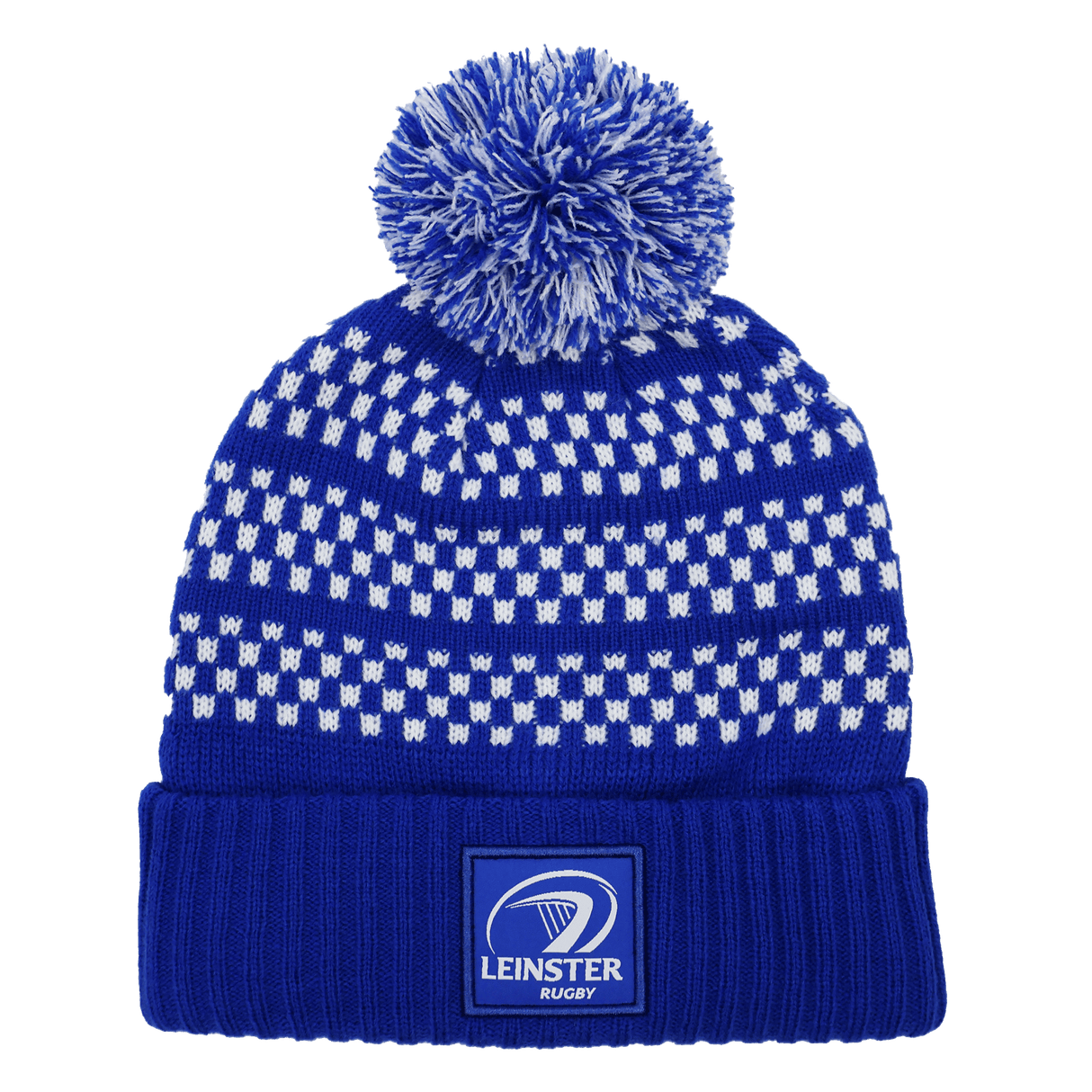 The Leinster Knitted Bobble Hat 24/25 by Castore is a blue and white beanie with a pom-pom and features a "Leinster Rugby" logo patch on the folded brim.