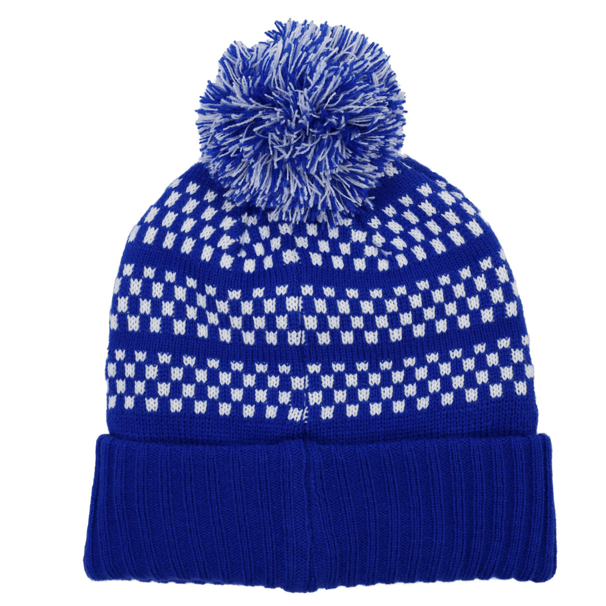 The Leinster Knitted Bobble Hat 24/25 by Castore features a blue knit design, white geometric pattern, folded brim, and a blue and white pom-pom—ideal for Leinster fans or casual wear.