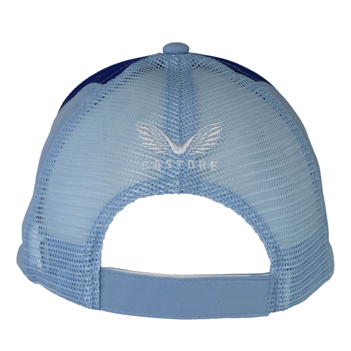The Leinster 24/25 Club Cap by Castore in light blue mesh is shown from the back, highlighting an embroidered logo and an adjustable strap.