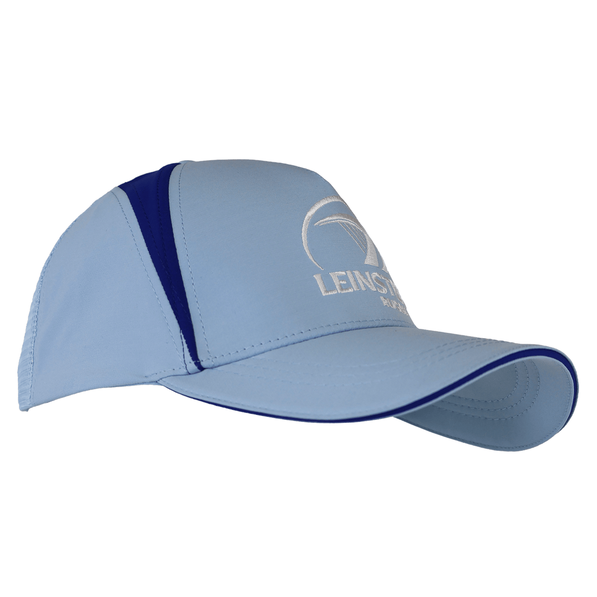 The Leinster 24/25 Club Cap by Castore features a light blue design with dark blue accents, a curved brim, and the Leinster Rugby logo embroidered on the front—your perfect official rugby cap for the season.