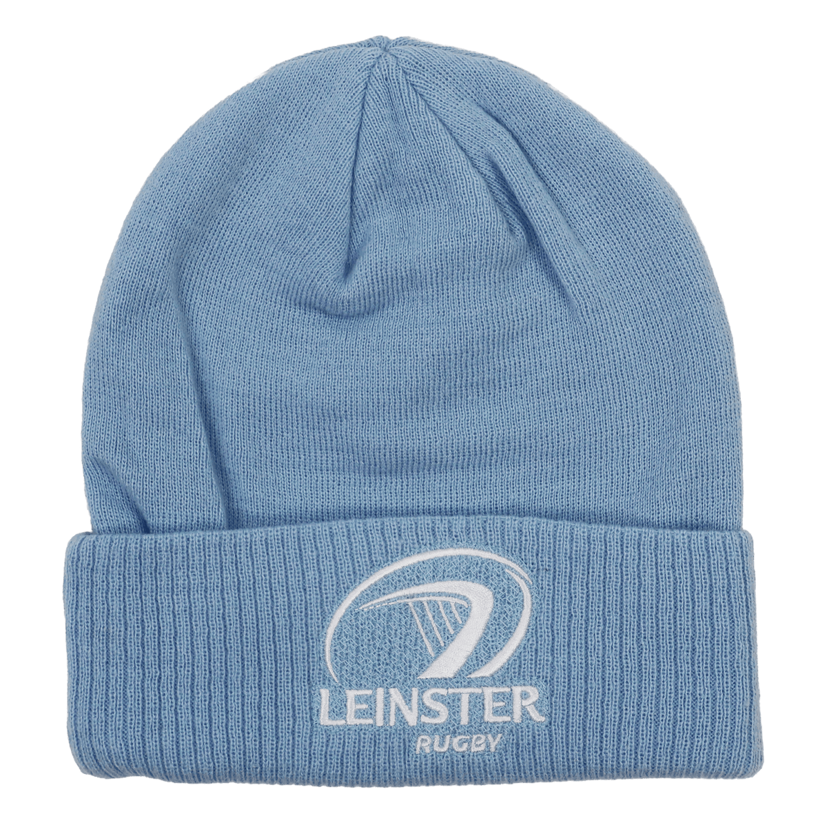 The Leinster 24/25 Club Beanie by Castore is a light blue beanie featuring the Leinster Rugby logo and text embroidered in white on the front cuff—an ideal accessory for rugby fans.
