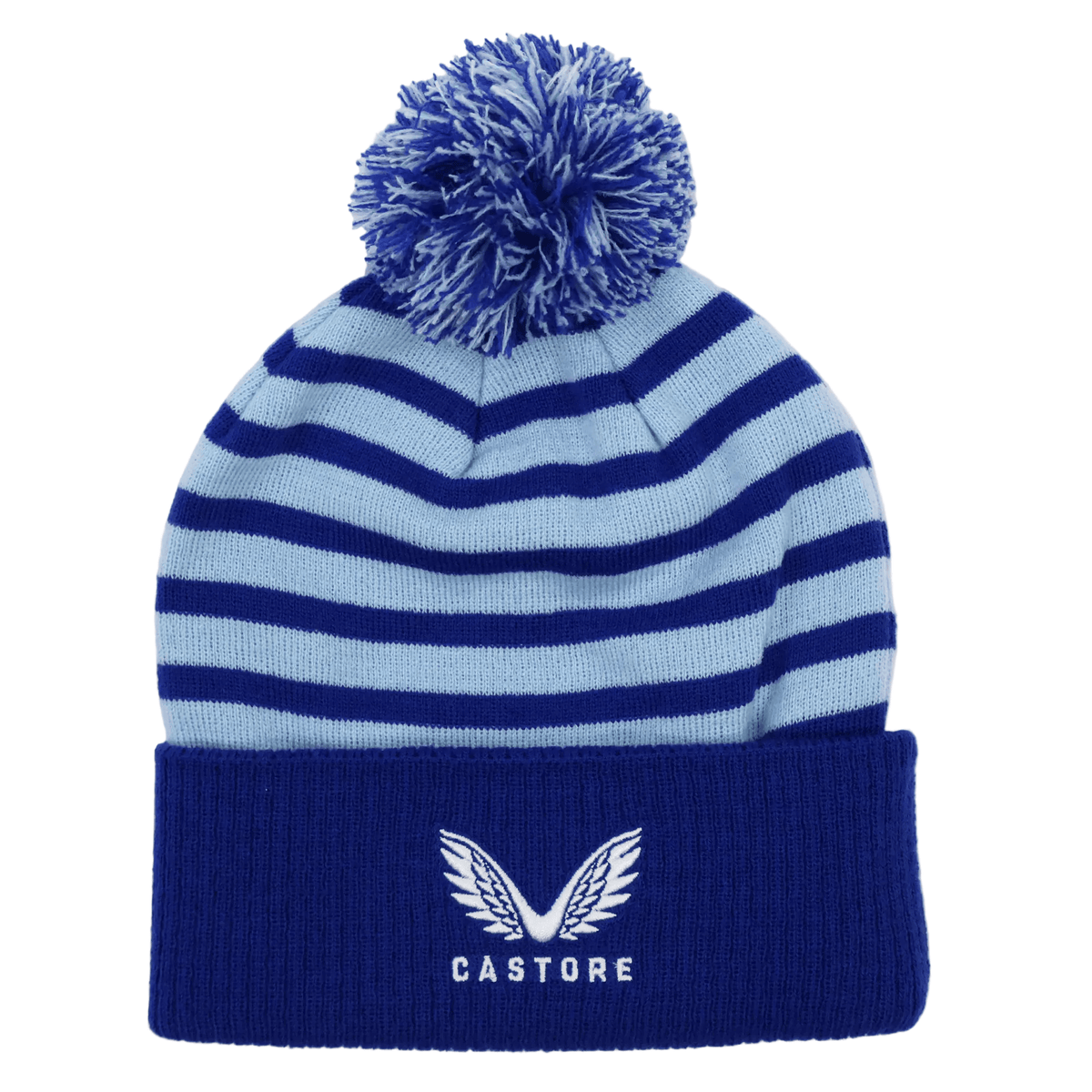 The Leinster 24/25 Club Bobble Beanie by Castore features blue stripes, a pom-pom, folded brim, and white embroidered logo—ideal as a rugby knit hat for Leinster fans.