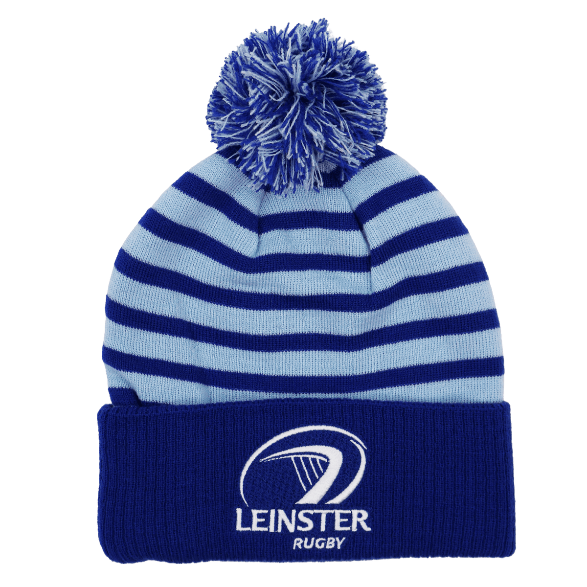 The Leinster 24/25 Club Bobble Beanie by Castore is a blue and light blue striped knit hat with a pom-pom, featuring the Leinster Rugby logo and text on the folded brim.