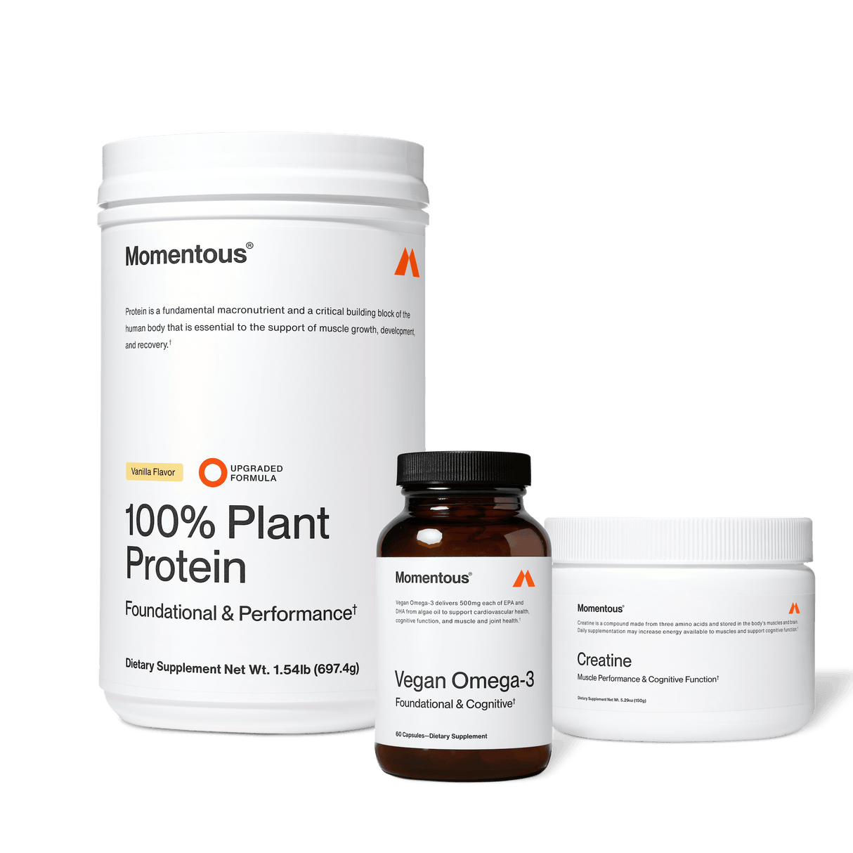 Three containers of The Momentous Three - Vegan by Momentous are displayed on a plain white background.