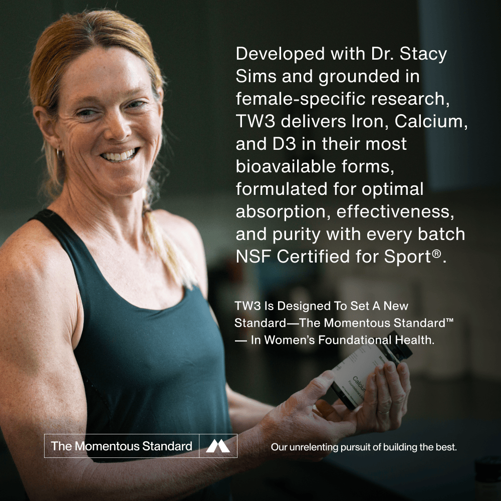 A woman in athletic wear smiles beside text introducing Momentous The Women’s Three™ by Momentous, a daily women’s health system with Iron and Calcium + Vitamin D3, both NSF Certified for Sport.