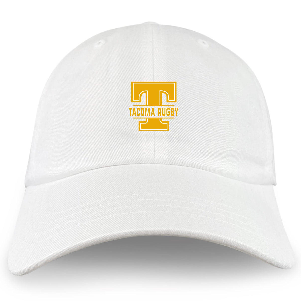 Show your support with the Tacoma Tsunami Rugby Adult Low-Profile Cotton Twill Dad Cap by EMB S&S Activewear, featuring a white twill design and a bold yellow "T" with "Tacoma Rugby" embroidered on the front.