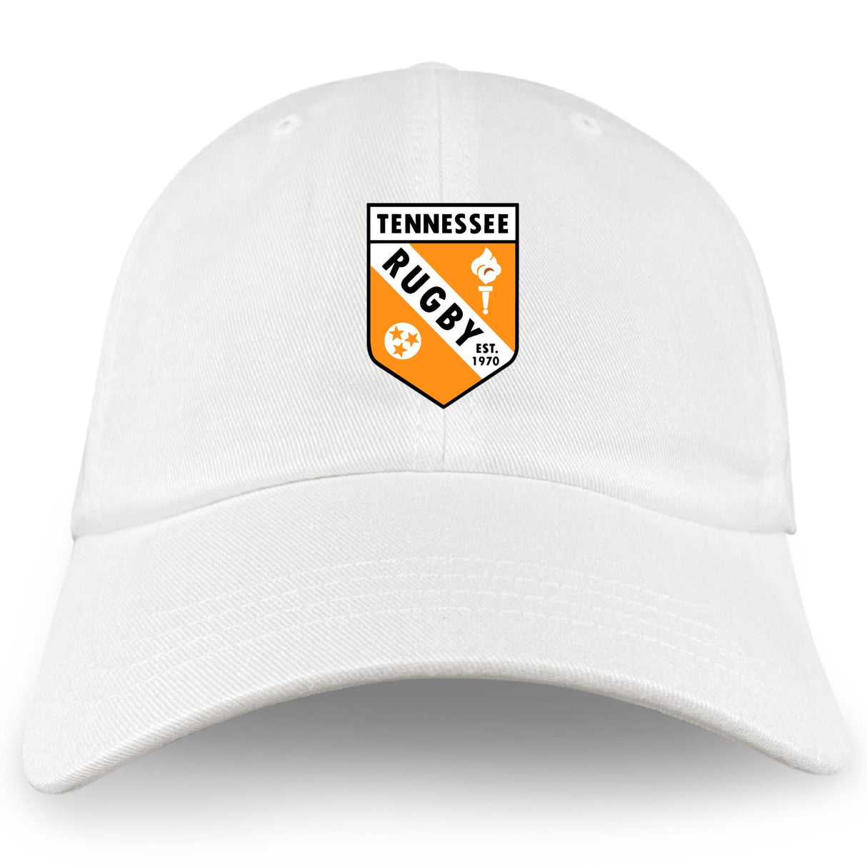 The EMB S&S Activewear University of Tennessee Adult Low-Profile Cotton Twill Dad Cap is a white cotton twill hat with embroidered team branding on the front.