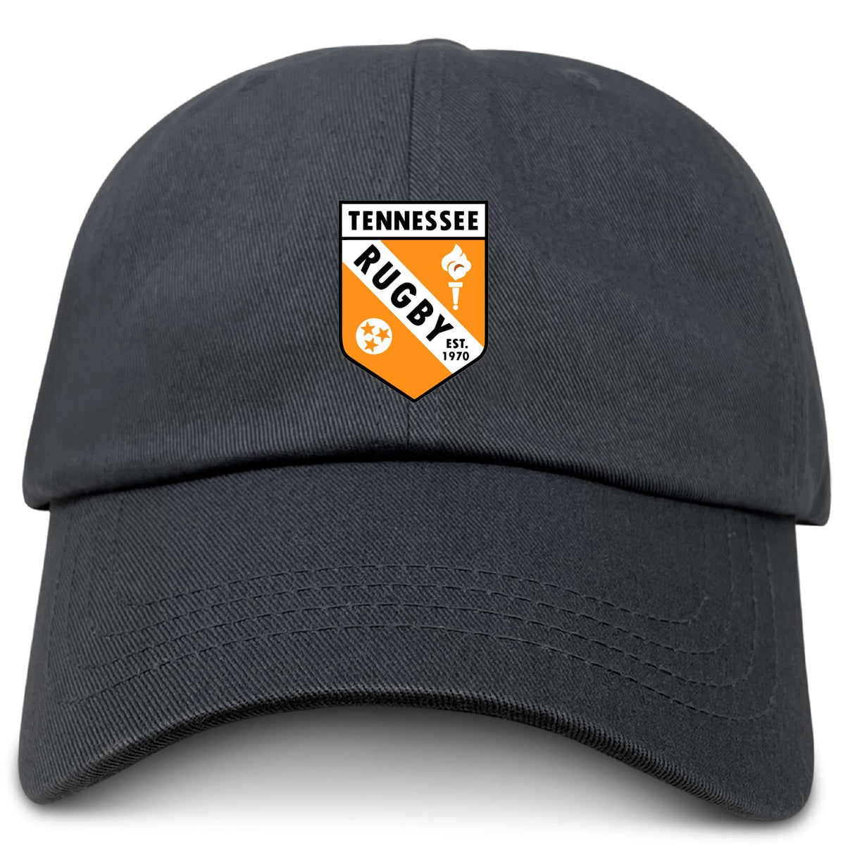 The University of Tennessee Adult Low-Profile Cotton Twill Dad Cap by EMB S&S Activewear features a black cotton twill build and a Tennessee Rugby logo patch with an orange and black shield, white text, and embroidered team branding.