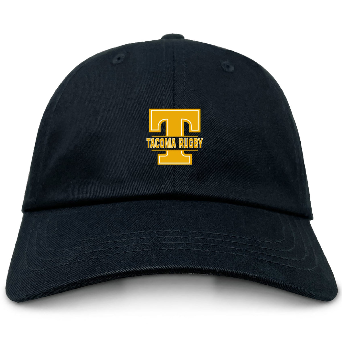The Tacoma Tsunami Rugby Adult Low-Profile Cotton Twill Dad Cap by EMB S&S Activewear features a big yellow "T" above "TACOMA RUGBY," making it the perfect embroidered cap for fans.