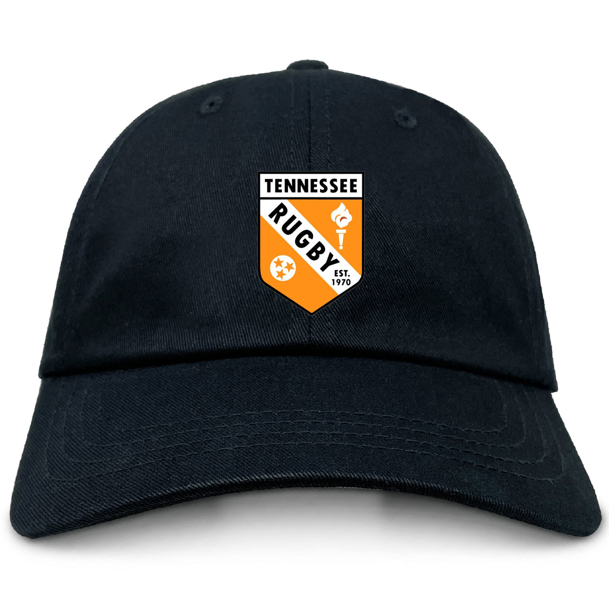 The University of Tennessee Adult Low-Profile Cotton Twill Dad Cap by EMB S&S Activewear is black with an embroidered orange, black, and white “Tennessee Rugby Est. 1970” patch on the front.